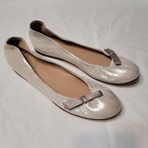 J. Crew Collection Italy Silver Leather Ballet Flat Bow Shoes Women's Sz 9.5